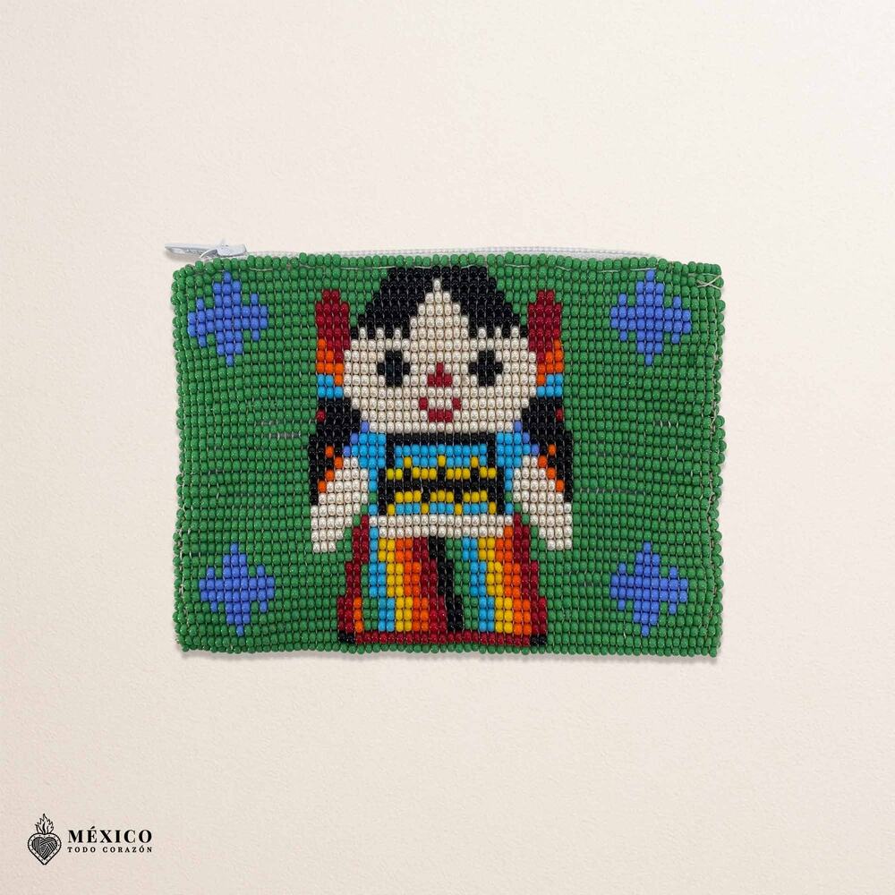 Green Mexican Beaded Maria Doll Coin Purse – Handmade Artisan Zipper Pouch